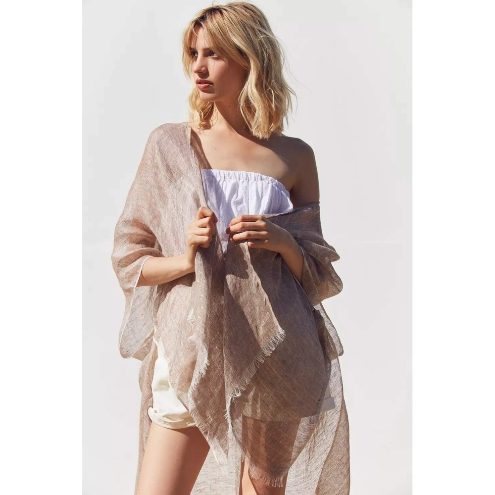 Echo Yarn Dyed Linen Ruana Kimono Wrap Tan Metallic Stripe Linen Open Front Boho